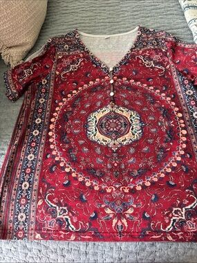Red Bohemian V-Neck Printed Tunic